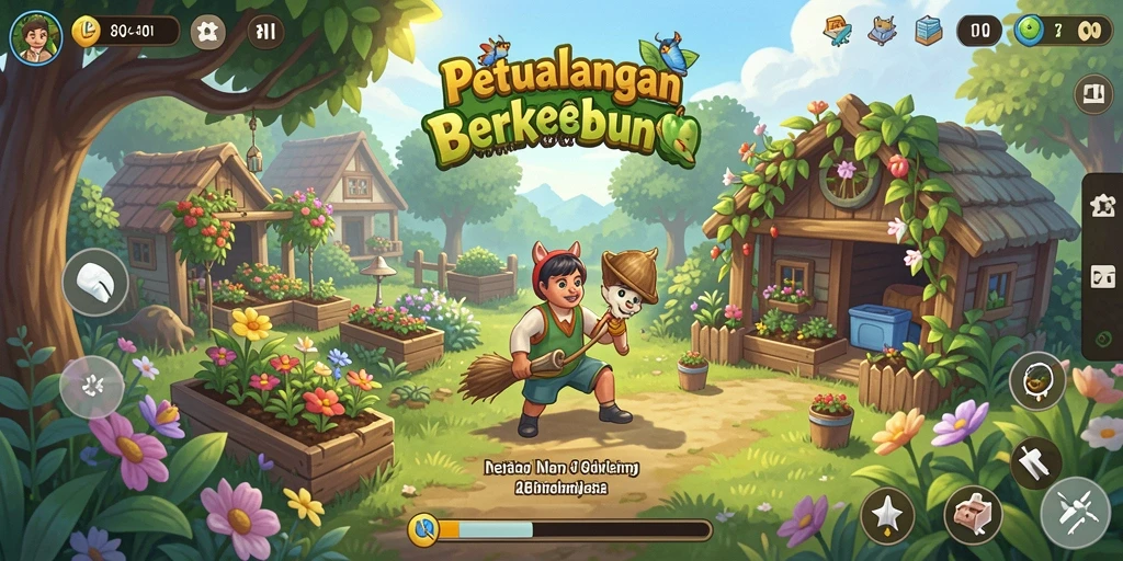 Tangkapan layar gameplay <strong>8II</strong> yang menampilkan suasana berkebun yang indah.