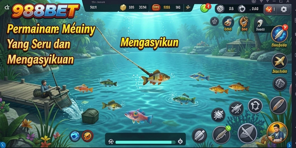 Tampilan gameplay 988BET yang menampilkan aksi menangkap ikan.