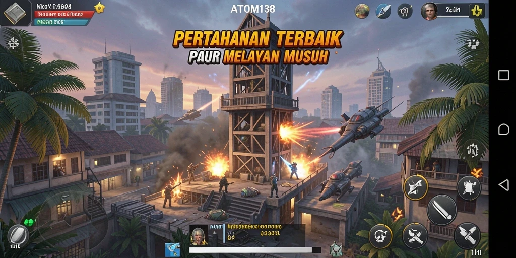 Tampilan gameplay <strong>ATOM138</strong> dengan menara dan musuh yang bertarung.