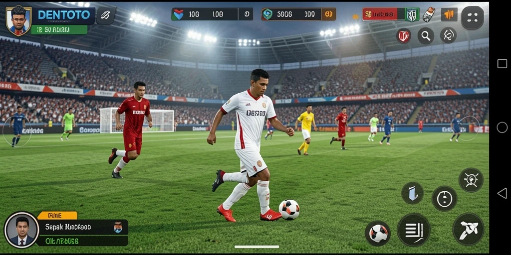 Tampilan gameplay DENTOTO dengan aksi sepak bola yang mengasyikkan.