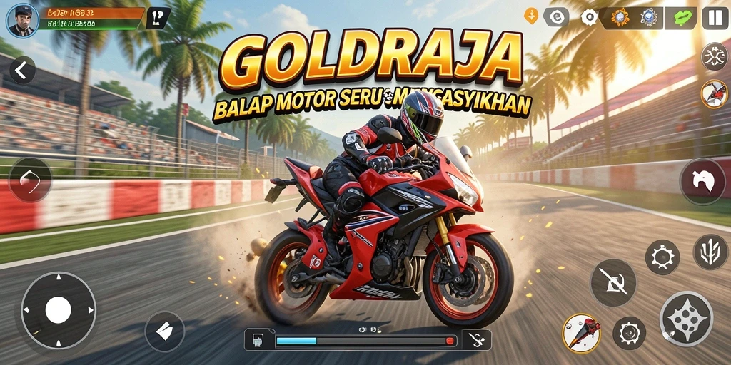 Screenshot gameplay <strong>GOLDRAJA</strong> menampilkan aksi balapan motor yang mendebarkan.
