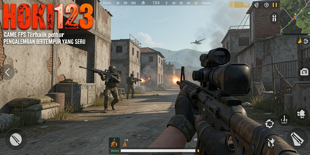 Screenshot HOKI123 menunjukkan aksi pertempuran FPS yang intens.
