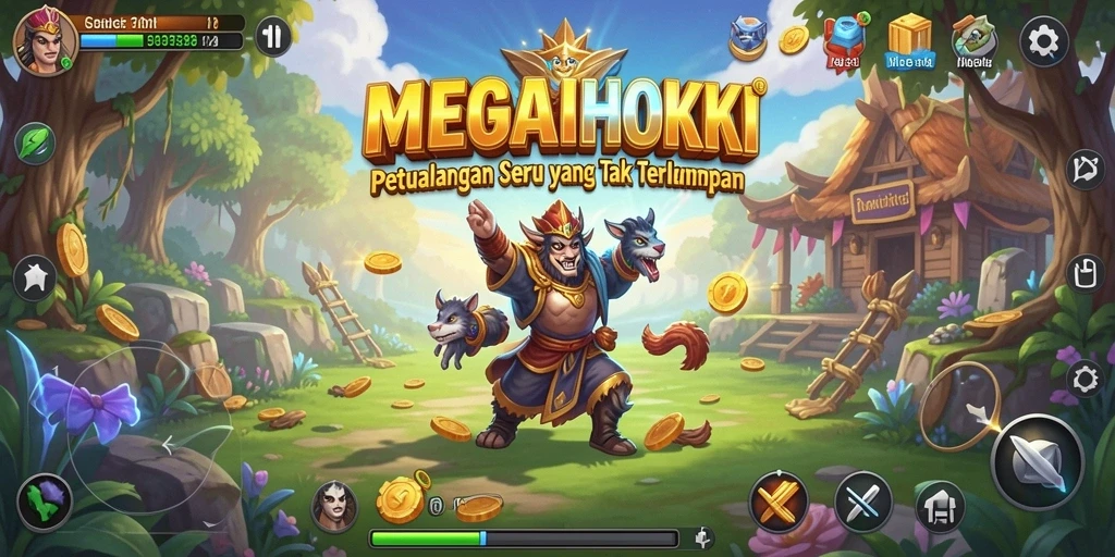 Tangkapan layar gameplay <strong>MEGAHOKI</strong> menunjukkan aksi petualangan yang mendebarkan.