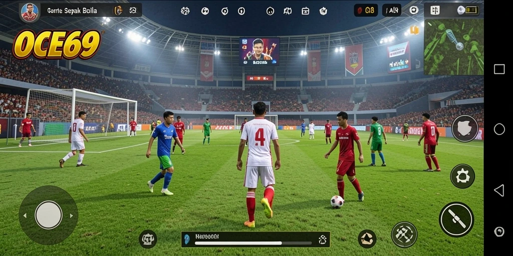 Screenshot utama OCE69 menampilkan pertandingan sepak bola yang seru.
